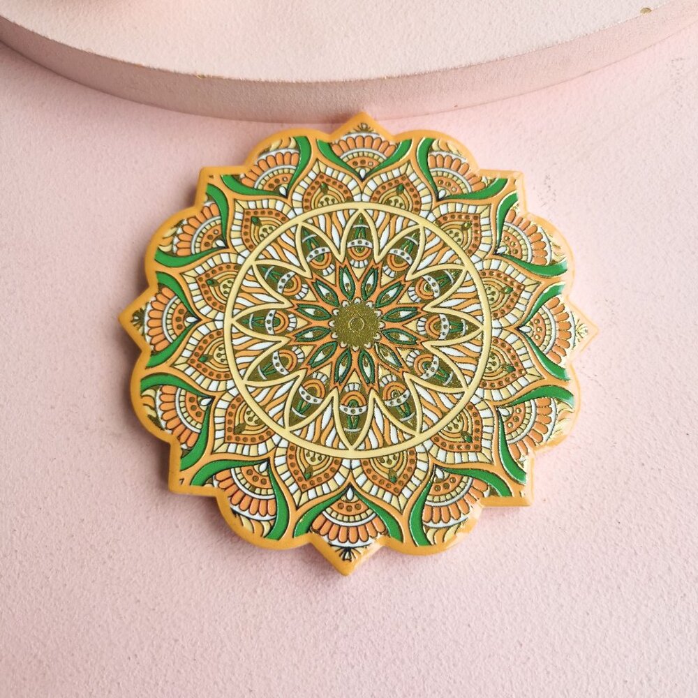 Yellow Green Gold Mandala Art Ceramic Coaster